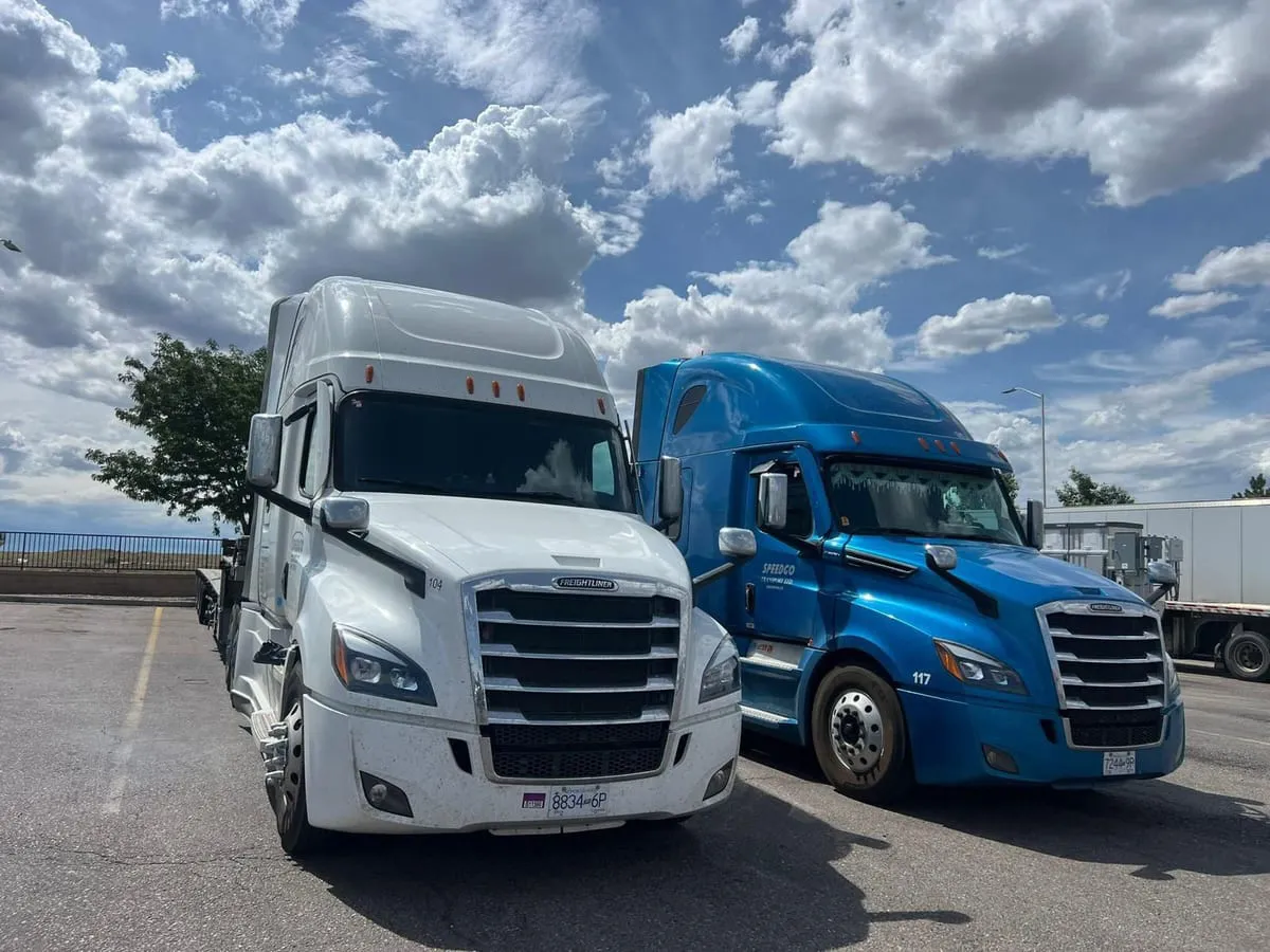 White and blue Speedgo Transport Freightliner trucks parked side by side